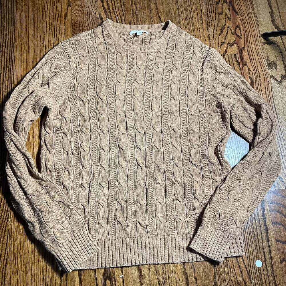 Goodthreads Men's Soft Cotton Cable Stitch Crewneck Sweater, Beige, Size Medium